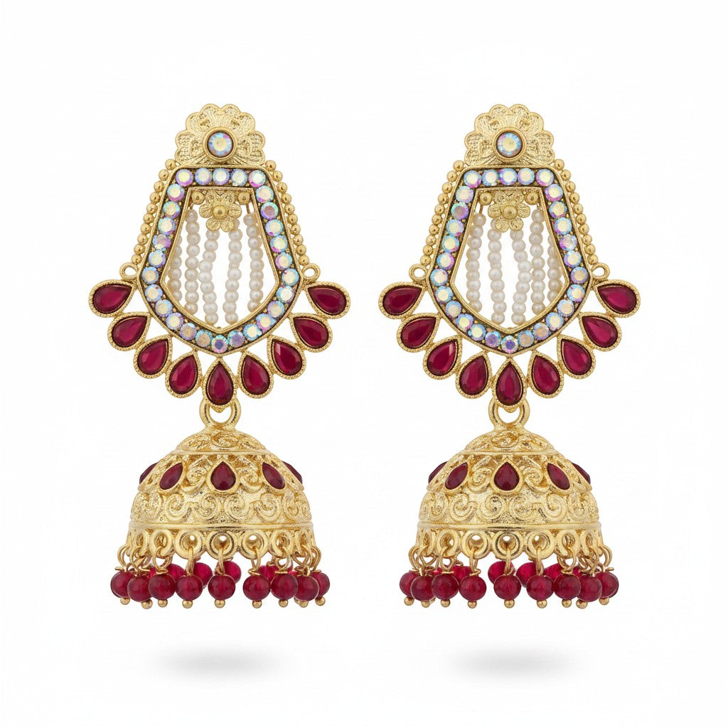 Naanu gold-tone chandbali jhumka earrings with violet purple kundan stones, white pearls, and crystal drops.