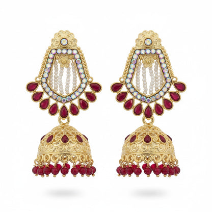 Naanu gold-tone chandbali jhumka earrings with violet purple kundan stones, white pearls, and crystal drops.