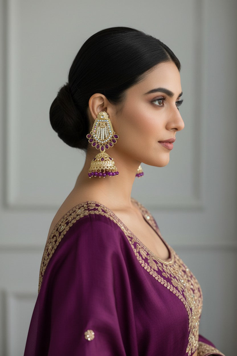 Naanu violet purple kundan chandbali jhumka earrings with crystal drops and pearl accents, worn by a model.