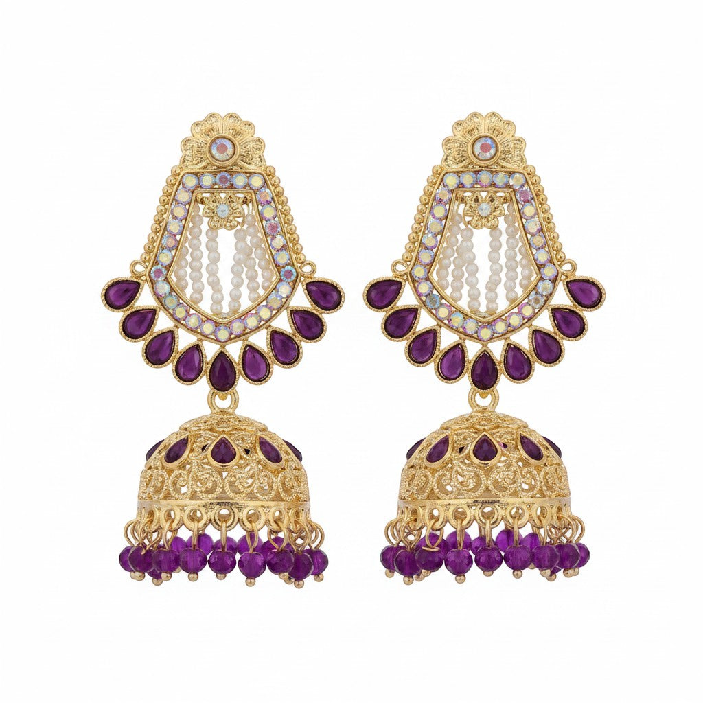 Naanu gold-tone chandbali jhumka earrings with violet purple kundan stones and pearl drops.