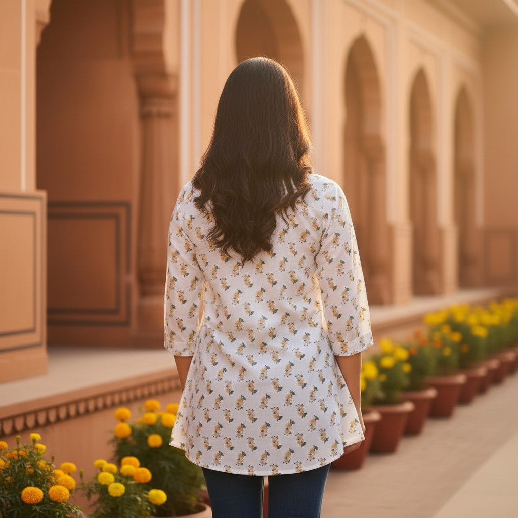Naanu white short kurti with multicolor butterfly and floral print, mandarin collar, 3/4 sleeves, and button front.