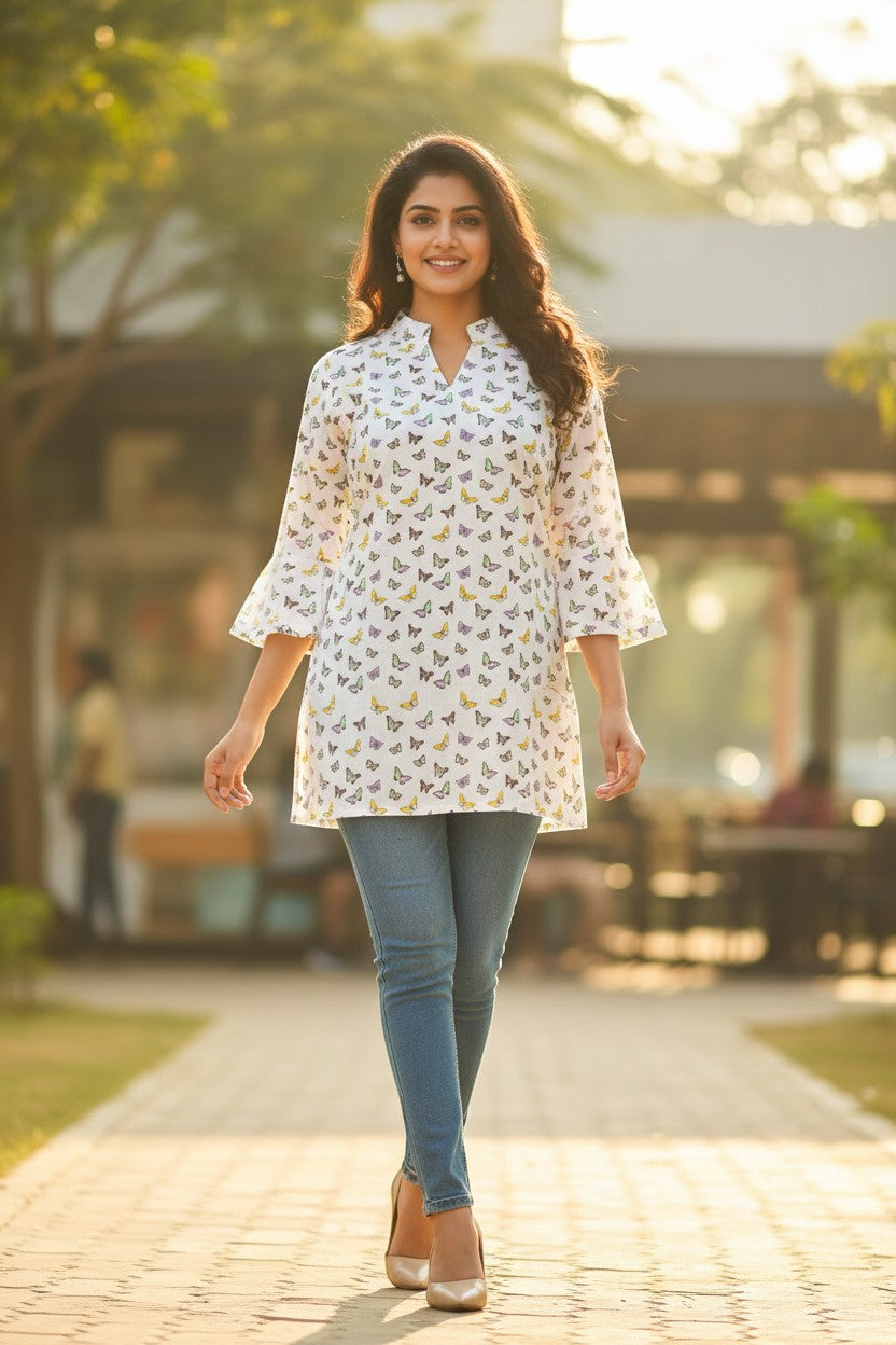 Naanu white short cotton kurti with all-over butterfly print, V-notch neckline, and 3/4 straight sleeves.