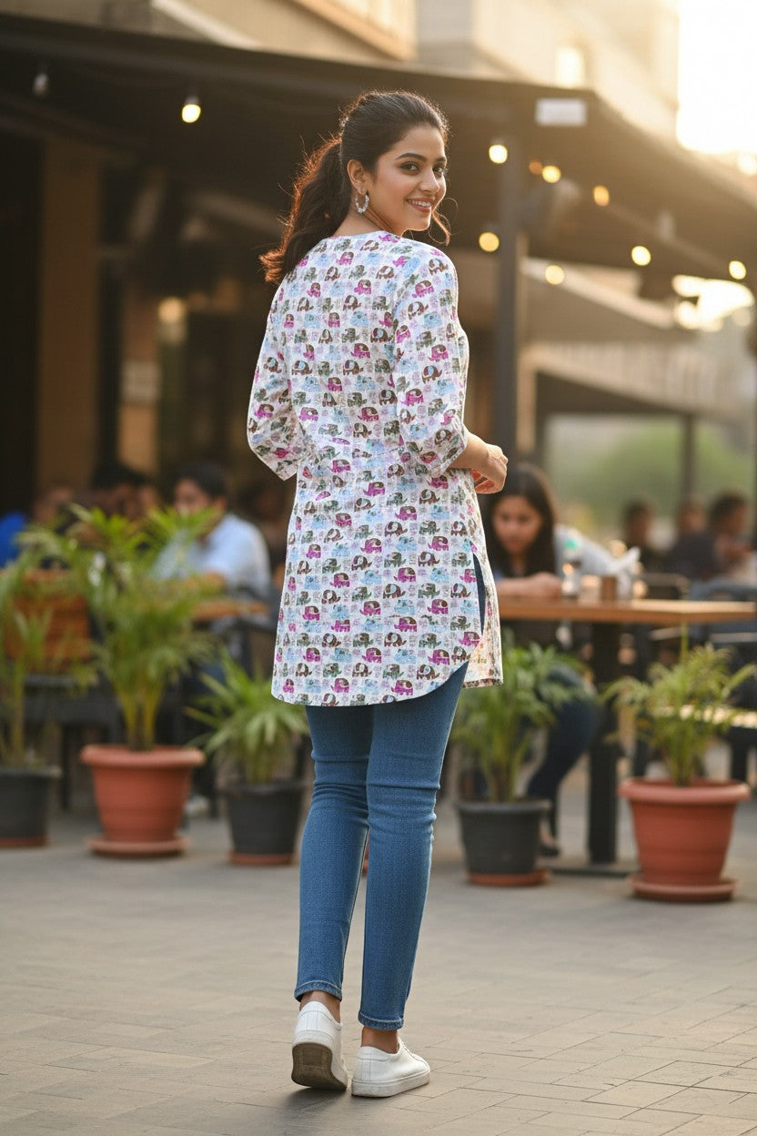 Naanu white short cotton kurti with colorful cartoon elephant print, V-notch neckline, and 3/4 sleeves.