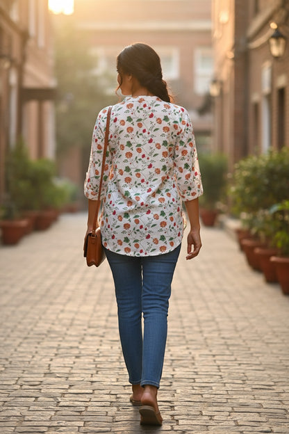 Naanu white cotton kurti with Mughal floral print, 3/4 sleeves, and V-neck. Model wears blue jeans.