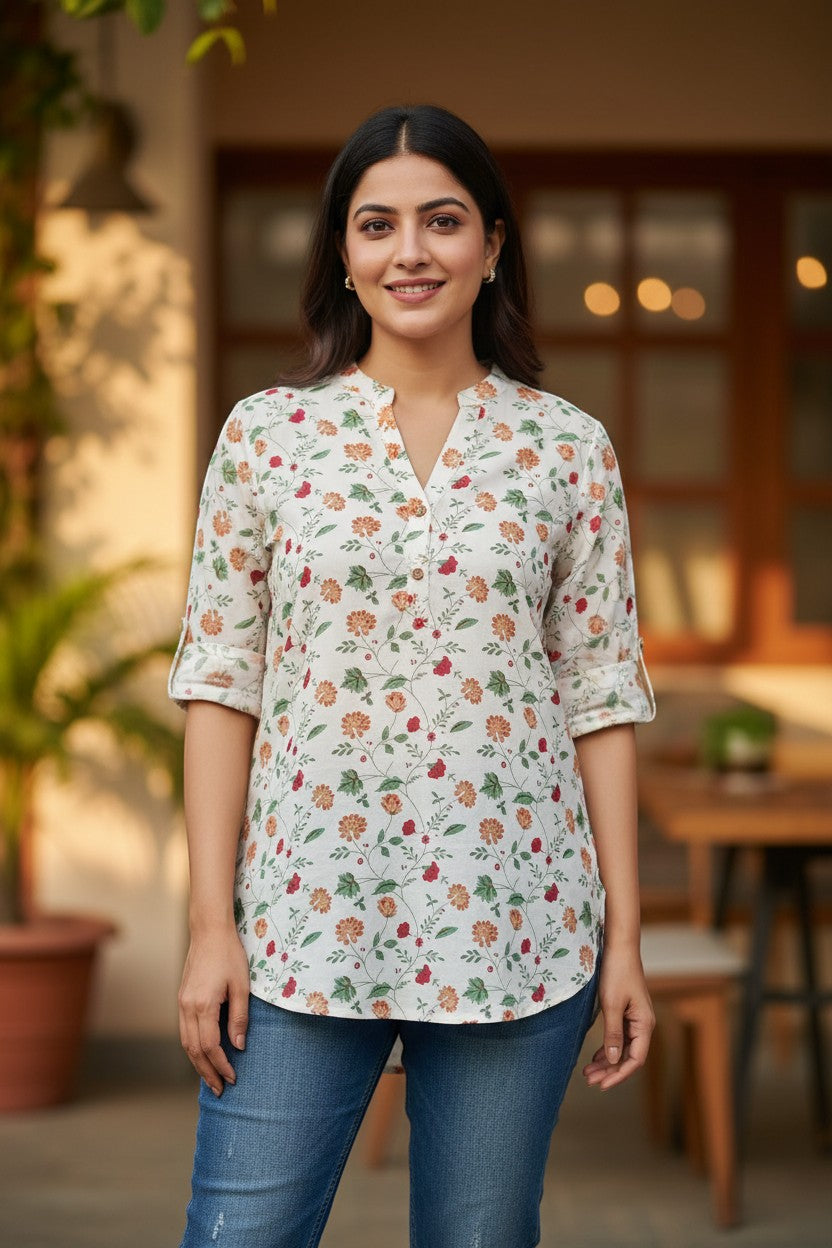 Naanu white cotton kurti with Mughal floral print, V-neck, 3/4 sleeves rolled up, and side slits.