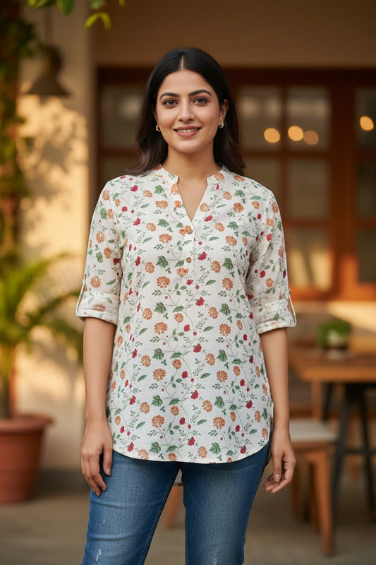 Naanu white cotton kurti with Mughal floral print, V-neck, 3/4 sleeves rolled up, and side slits.