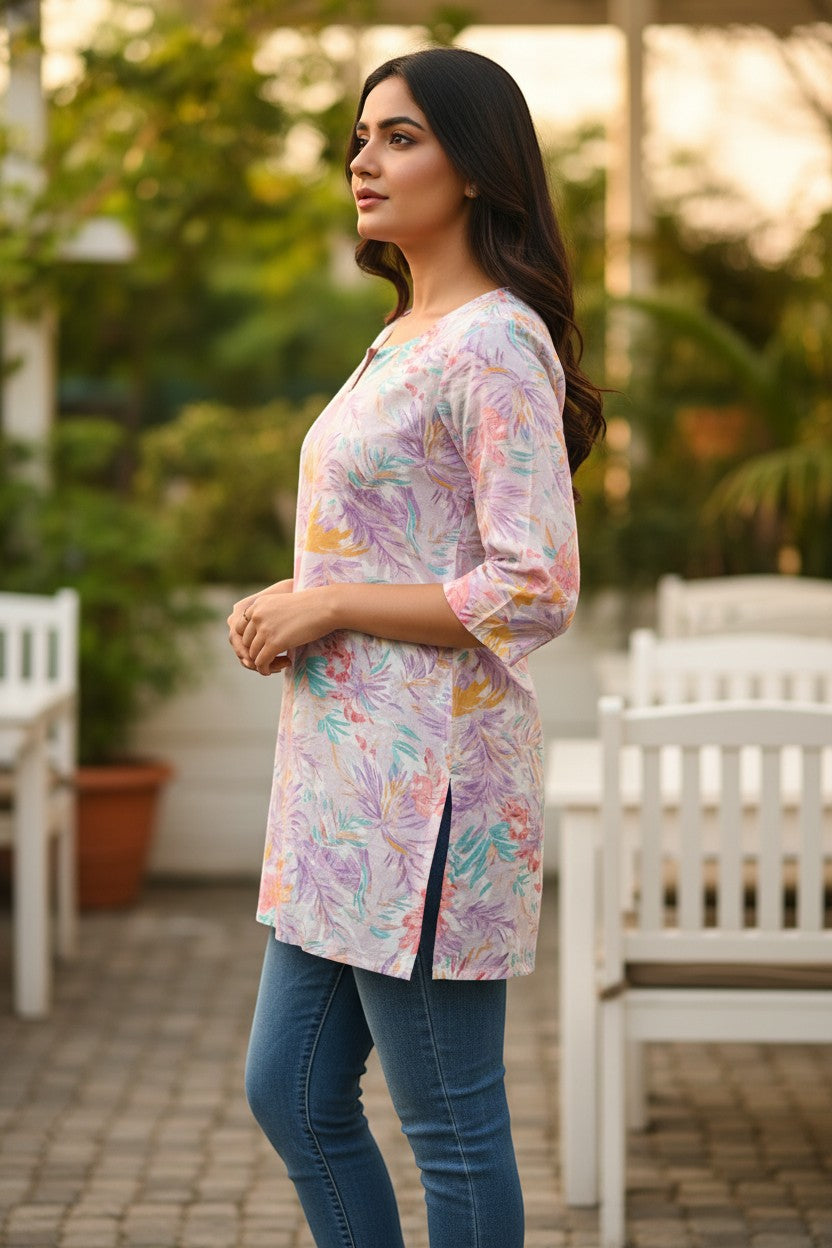 Naanu white pastel multicolor tropical floral print 3/4 sleeve cotton kurti with notch V-neck and side slits.