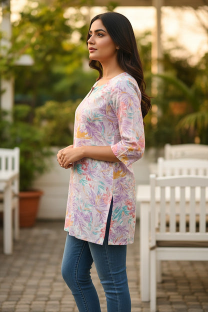 Naanu white pastel multicolor tropical floral print 3/4 sleeve cotton kurti with notch V-neck and side slits.