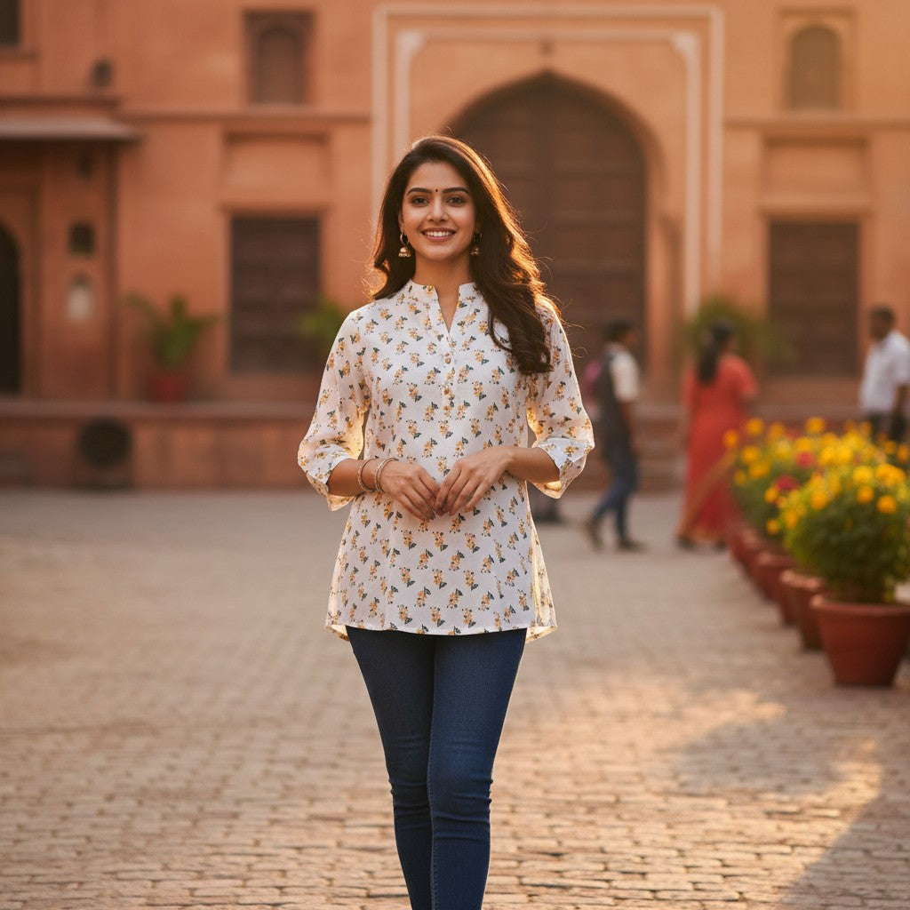 Naanu white short kurti with multicolor floral sprig print, mandarin collar, button front, and 3/4 sleeves.