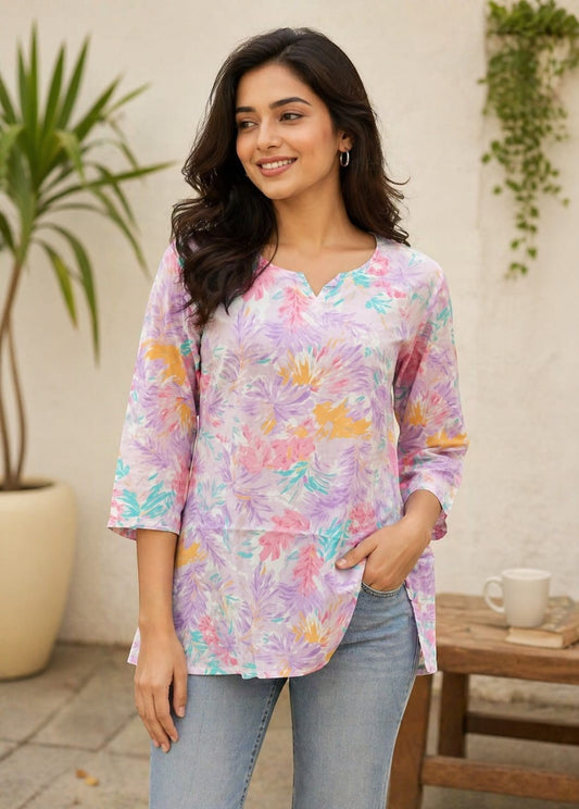 Naanu white pastel multicolor tropical floral print 3/4 sleeve cotton kurti with notch V-neck and side slits.