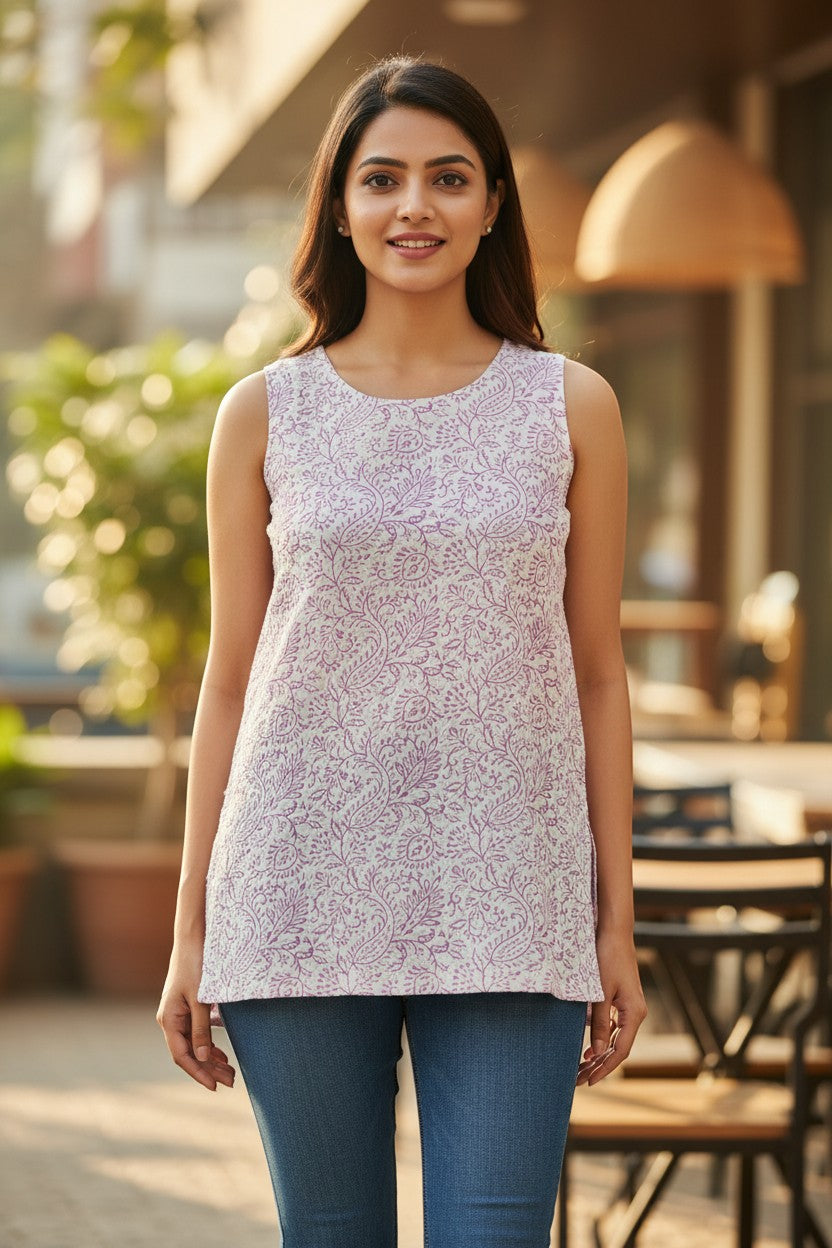 Naanu white lavender cotton top with all-over floral vine paisley motifs, round neck, sleeveless, and relaxed fit.