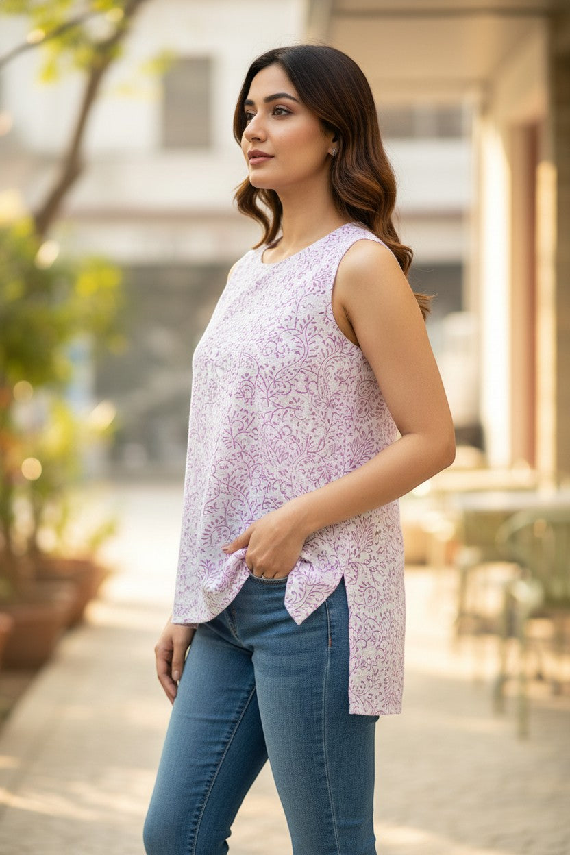 Naanu white and lavender floral vine paisley print sleeveless cotton top with round neck and side slits.