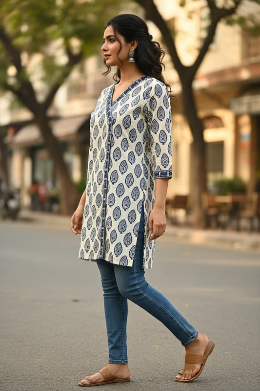 Naanu white and navy blue Sanganeri paisley block print cotton angrakha kurti with 3/4 sleeves and V-neck.