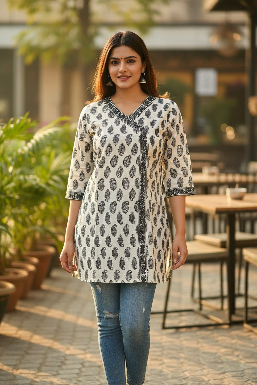 Naanu white and navy blue Sanganeri paisley print cotton angrakha wrap kurti with 3/4 sleeves.