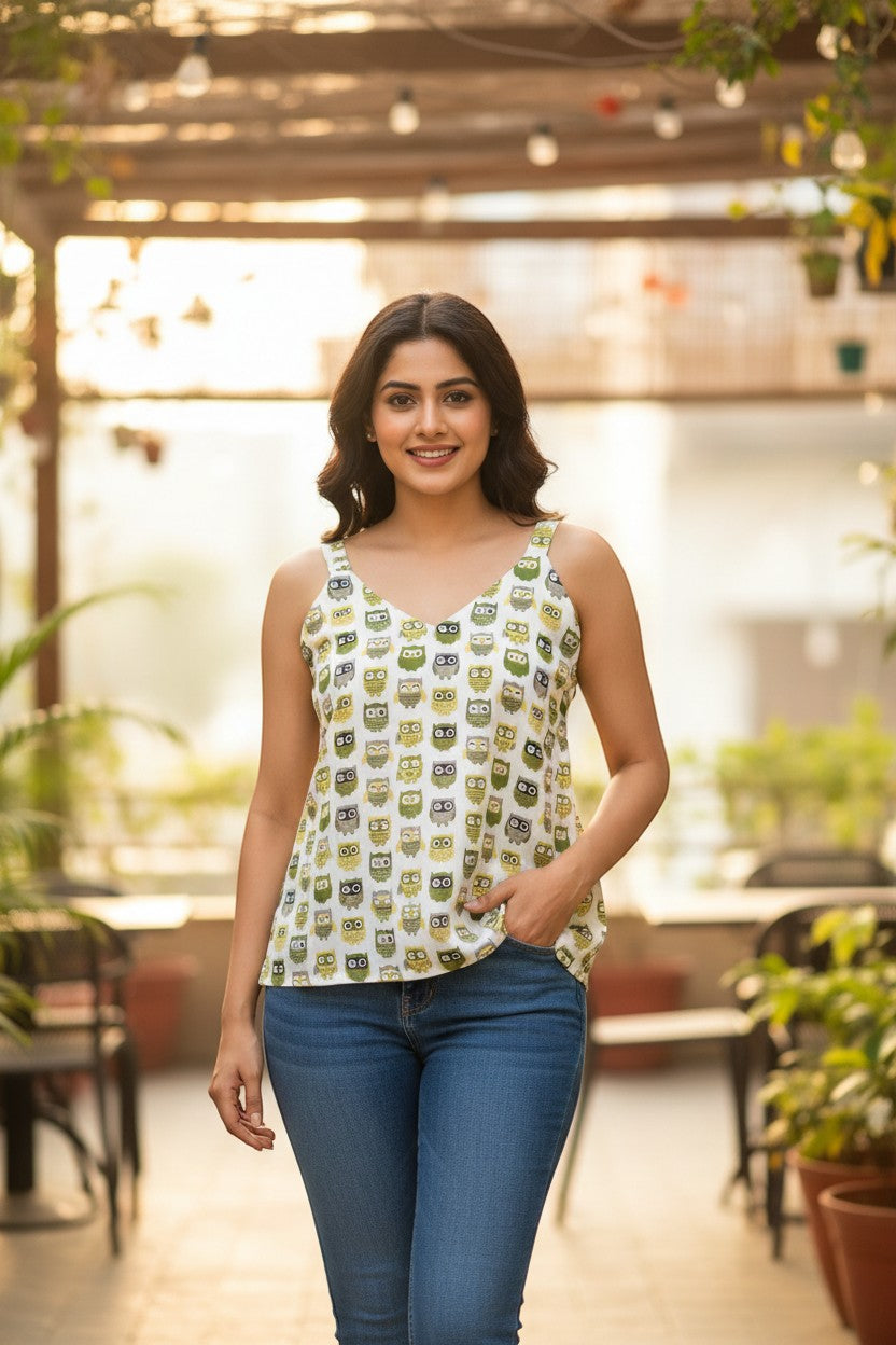 Naanu white cotton cami top with green and grey owl print, V-neck, sleeveless with wide straps, flowy A-line silhouette.