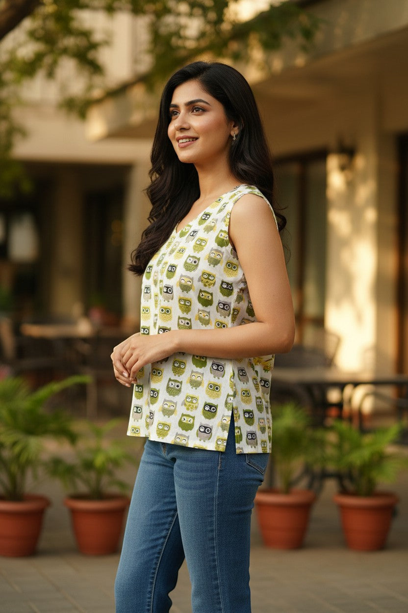 Naanu white sleeveless V-neck cotton top with green and grey owl print. Straight fit, breathable fabric.
