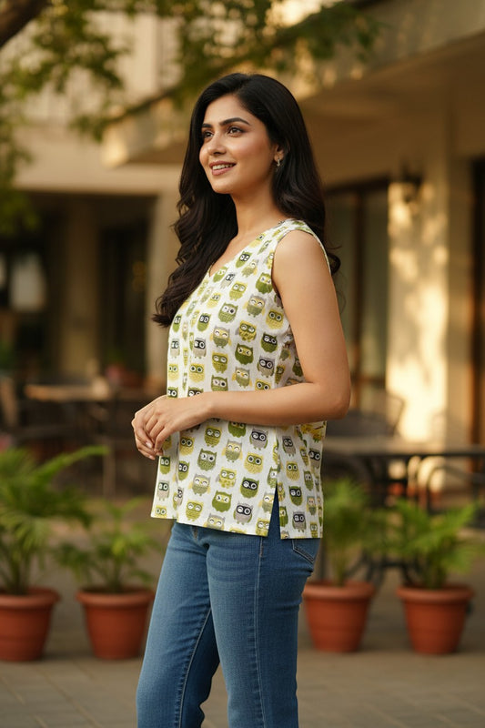Naanu white sleeveless V-neck cotton top with green and grey owl print. Straight fit, breathable fabric.