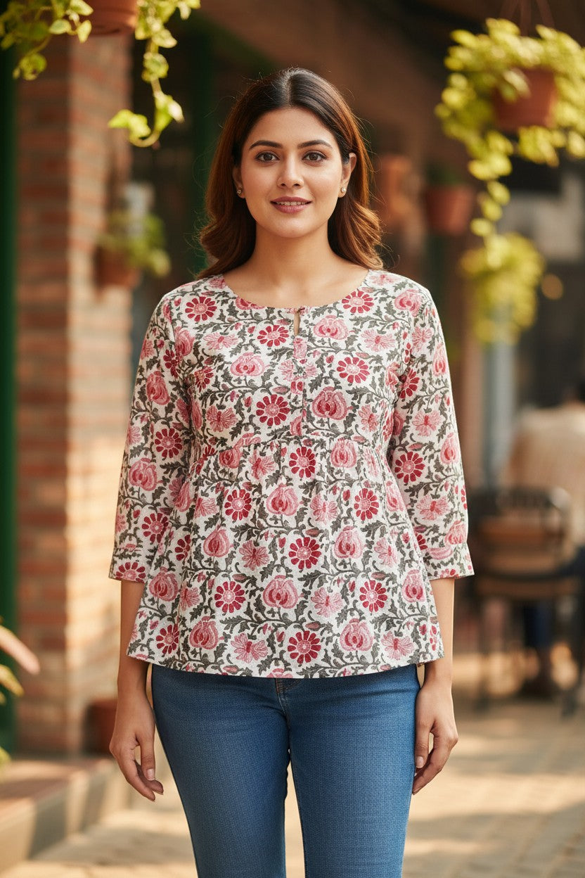 Naanu white cotton kurti with pink and red dahlia floral block print, 3/4 sleeves, scoop neck with keyhole detail.