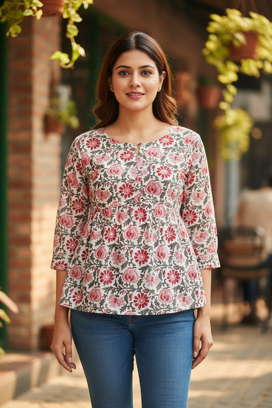 Naanu white cotton kurti with pink and red dahlia floral block print, 3/4 sleeves, scoop neck with keyhole detail.