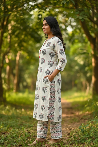 Naanu white cotton kurta set with tree block print, red buttons, and vine leaf patterned pants. Model wearing 3/4 sleeves and straight-leg pants.