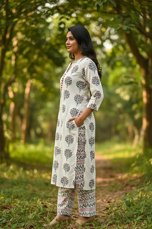 Naanu white cotton kurta set with tree block print, red buttons, and vine leaf patterned pants. Model wearing 3/4 sleeves and straight-leg pants.