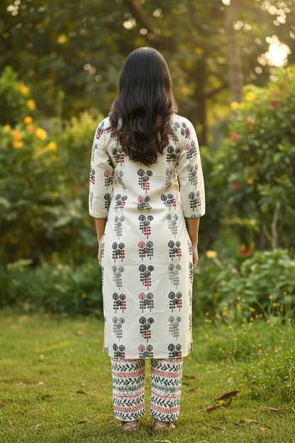 Naanu white cotton kurta set with tree block print, red buttons, and vine leaf pants.