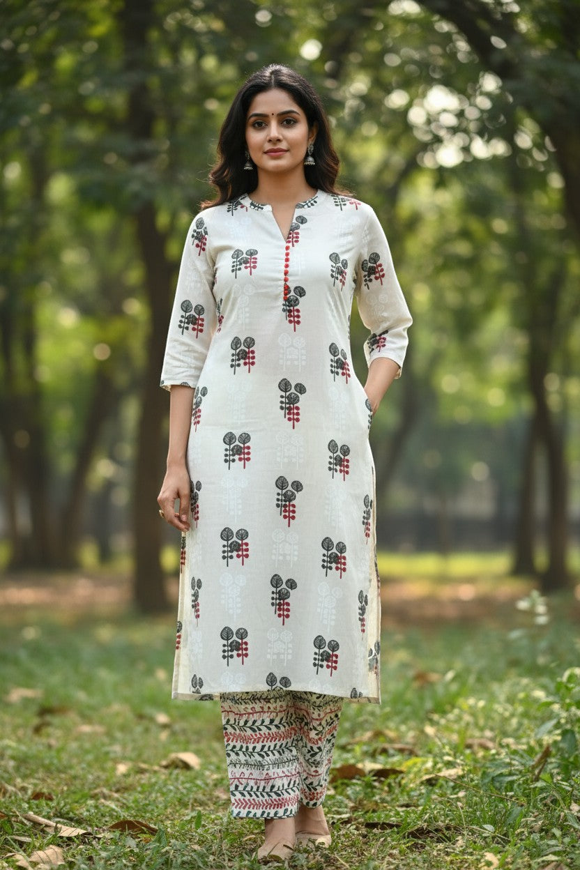 Naanu white cotton kurta set with tree block print, red buttons, and vine leaf pants. 3/4 sleeves, V-neck.