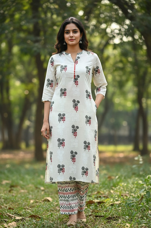 Naanu white cotton kurta set with tree block print, red buttons, and vine leaf pants. 3/4 sleeves, V-neck.