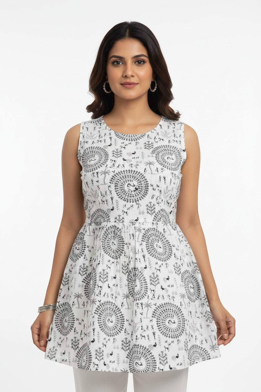 Naanu white cotton kurta with black Warli tribal print, round neck, sleeveless, flared peplum silhouette.