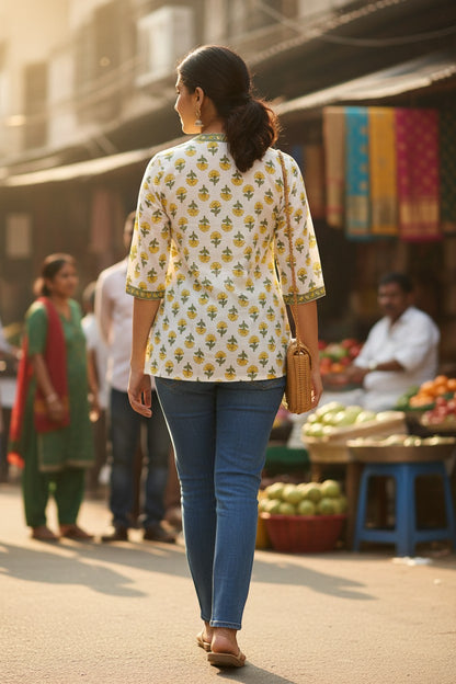 Naanu white cotton kurti with yellow marigold print, 3/4 sleeves, and green trim. Angrakha wrap style.