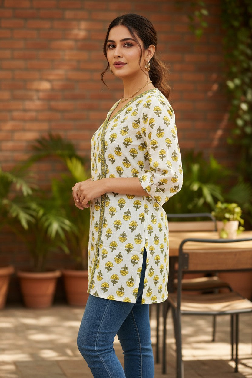 Naanu white cotton kurti with yellow marigold print, V-neck, 3/4 sleeves, and diagonal angrakha border.
