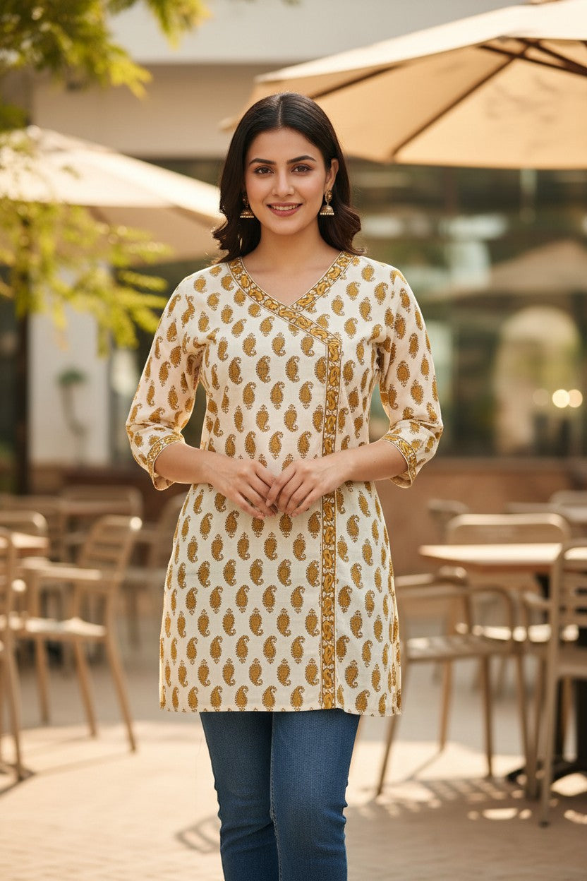 Naanu white cotton kurti with all-over yellow paisley print, V-neck angrakha wrap, and 3/4 sleeves.