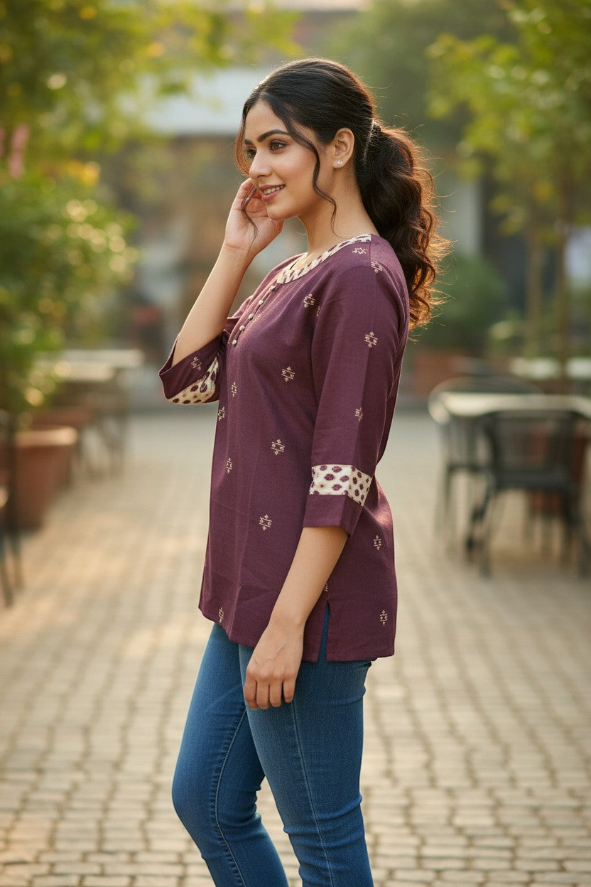 Naanu wine purple short cotton kurti with geometric motifs and ikat border trim on neckline and cuffs.