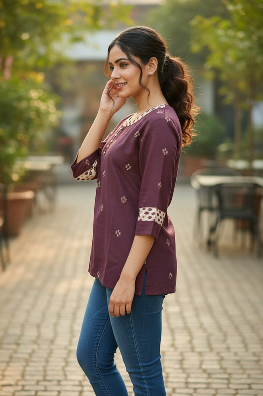 Naanu wine purple short cotton kurti with geometric motifs and ikat border trim on neckline and cuffs.