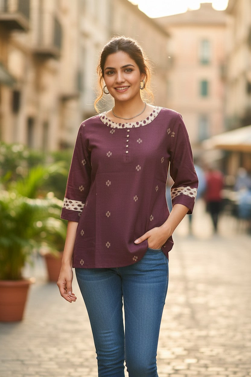 Naanu wine purple short cotton kurti with geometric diamond motifs and ikat border trim on neckline and cuffs.
