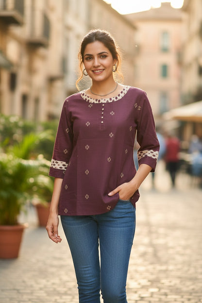 Naanu wine purple short cotton kurti with geometric diamond motifs and ikat border trim on neckline and cuffs.