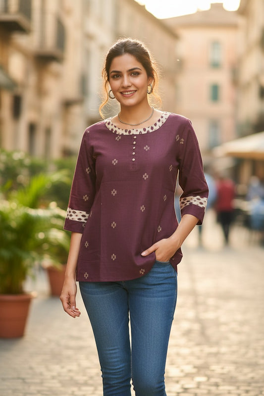 Naanu wine purple short cotton kurti with geometric diamond motifs and ikat border trim on neckline and cuffs.