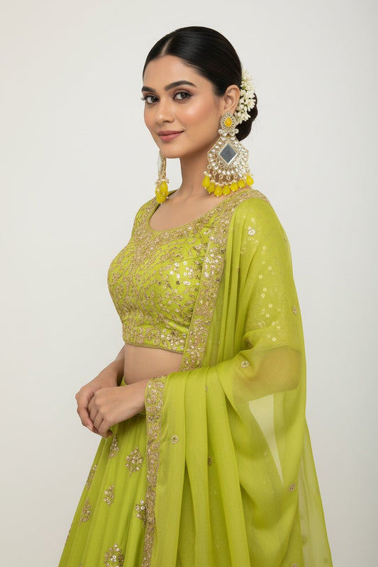 Naanu yellow crystal drop polki mirror chandbali earrings with antique gold filigree frame and kundan detailing.