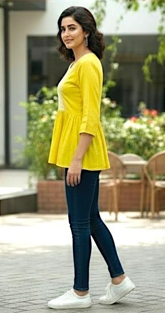 Naanu yellow cotton peplum top with white chikankari embroidery on the yoke and 3/4 sleeves.