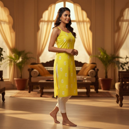 Naanu yellow cotton kurta with white tulip block print, sweetheart neckline, and wide straps. Model wears white pants.