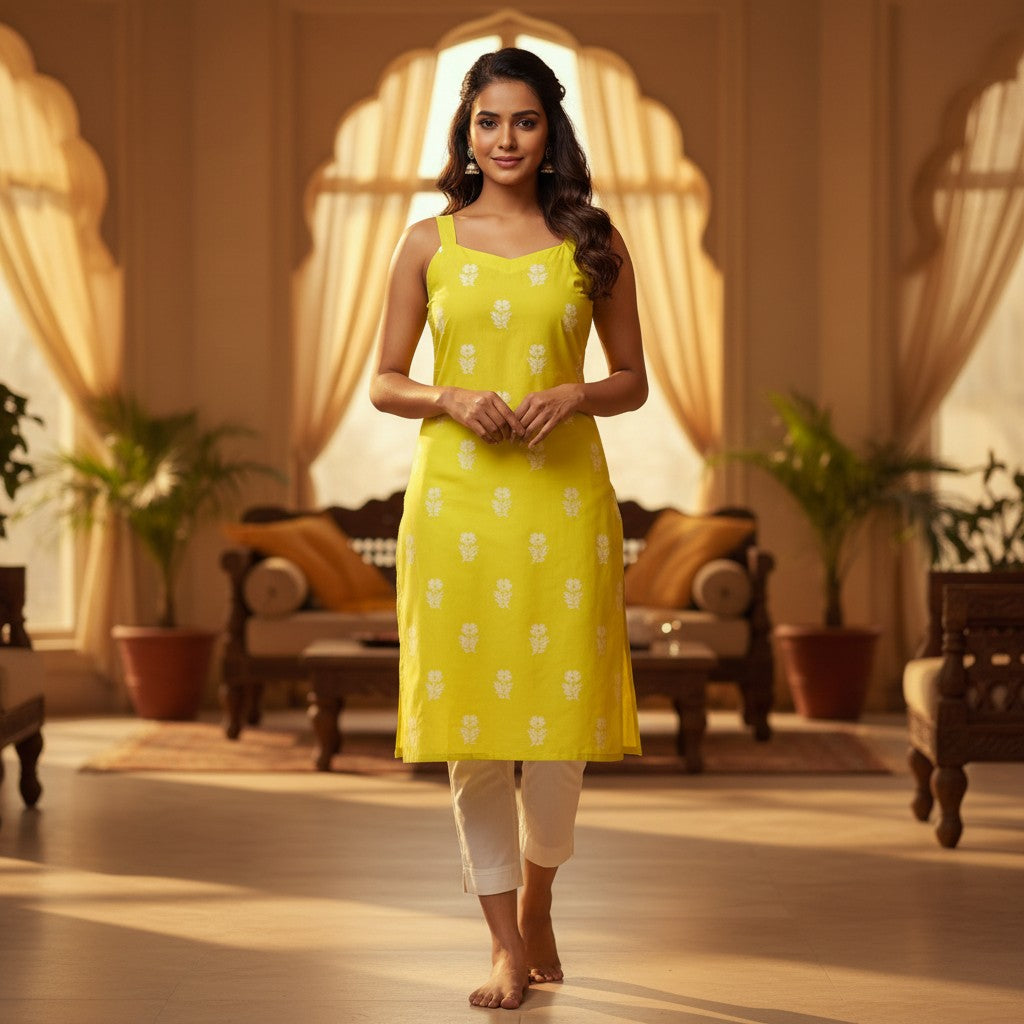 Naanu yellow cotton kurta with white tulip booti print, sweetheart neckline, and wide straps. Sleeveless, knee-length, straight cut.