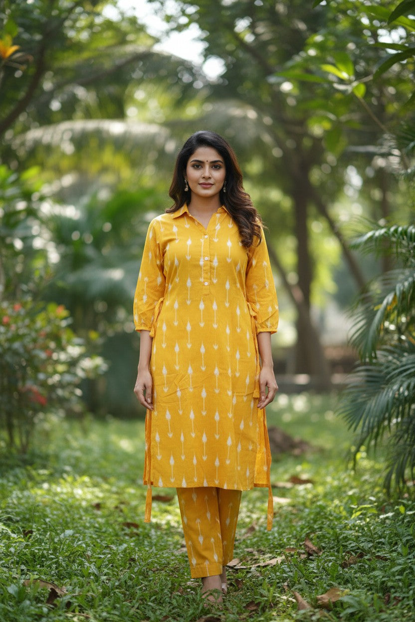 Naanu yellow ikat arrow print straight kurta with 3/4 sleeves and button placket, paired with matching pants. Model stands outdoors.