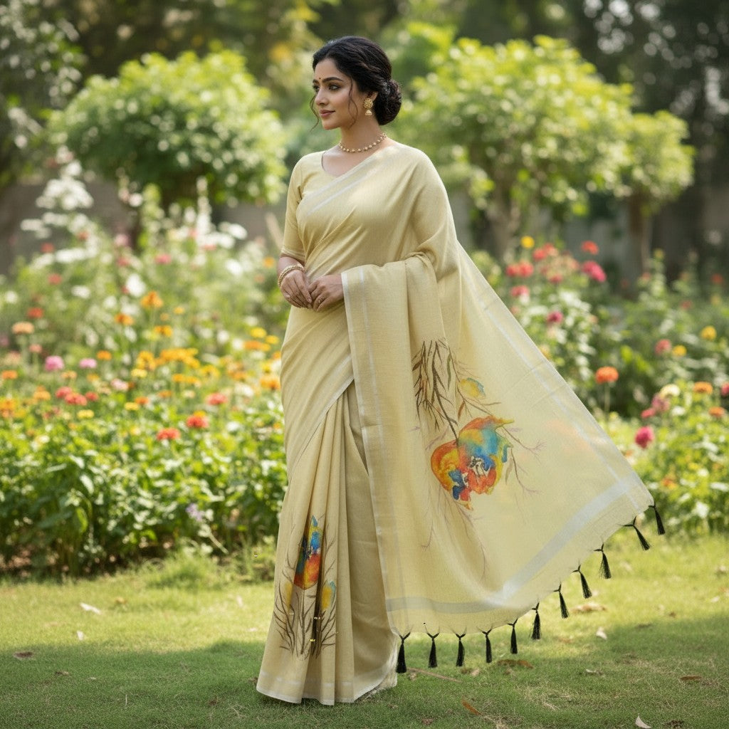 Naanu light yellow linen-textured saree with hand-painted birds and floral print, dark green border, and black tassels.