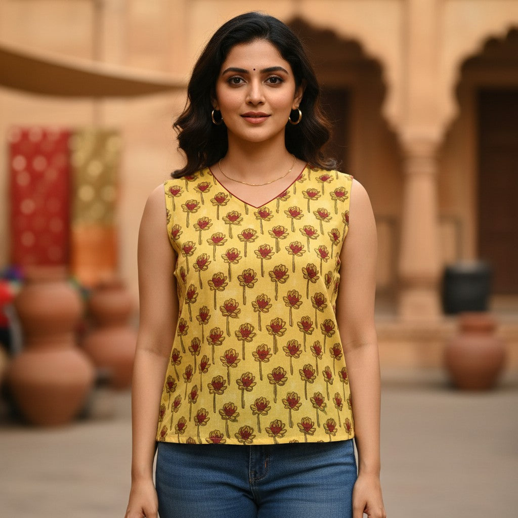 Naanu pastel yellow sleeveless crop top with red and maroon lotus block print, round neck, 100% cotton.