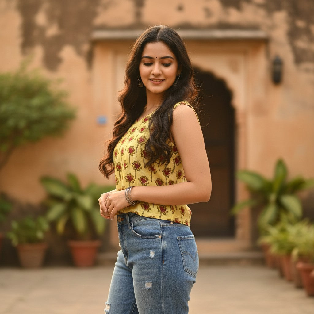 Naanu pastel yellow sleeveless crop top with red and maroon lotus block print, round neck, and curved hem.