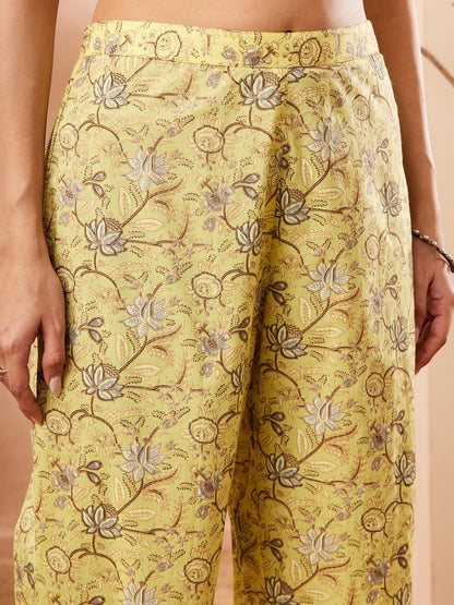 Naanu yellow lotus print sleeveless A-line kurta with V-neck and side pockets, paired with matching wide-leg palazzo pants.