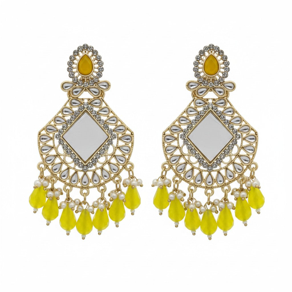 Naanu antique gold chandbali earrings with square polki mirror centre and lemon yellow crystal drops.