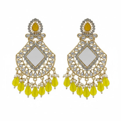 Naanu antique gold chandbali earrings with square polki mirror centre and lemon yellow crystal drops.