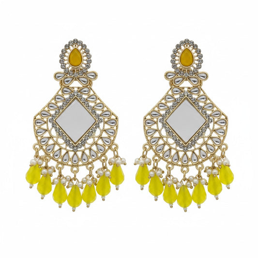 Naanu antique gold chandbali earrings with square polki mirror centre and lemon yellow crystal drops.