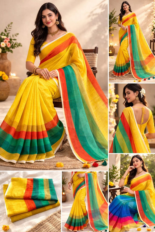 Naanu yellow cotton saree with bold horizontal stripes in orange, green, and red. Festive and casual wear.